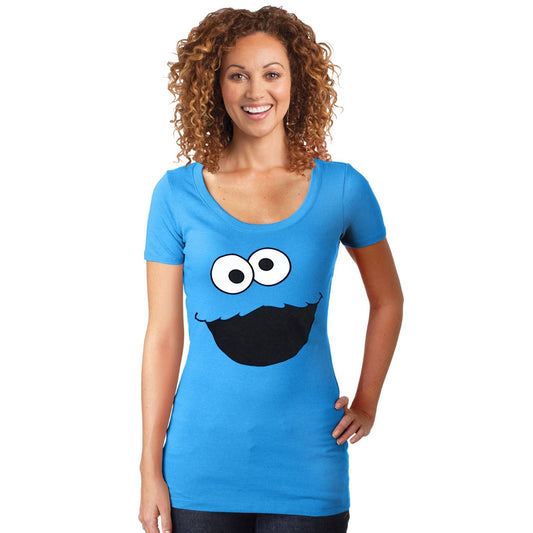 Cookie Monster Face Junior Women's Scoop Neck Shirt