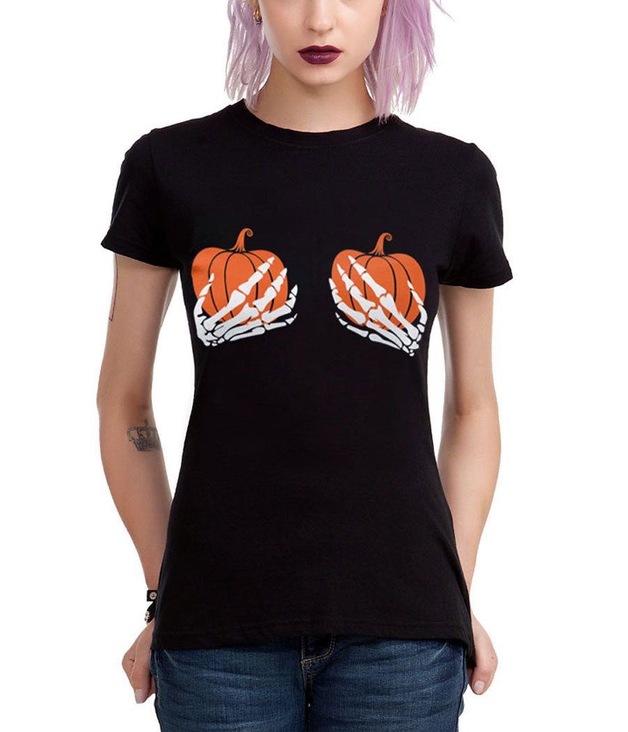 Pumpkin Boobs Skeleton Hands Junior Women's T-Shirt