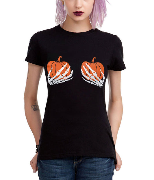 Pumpkin Boobs Skeleton Hands Junior Women's T-Shirt