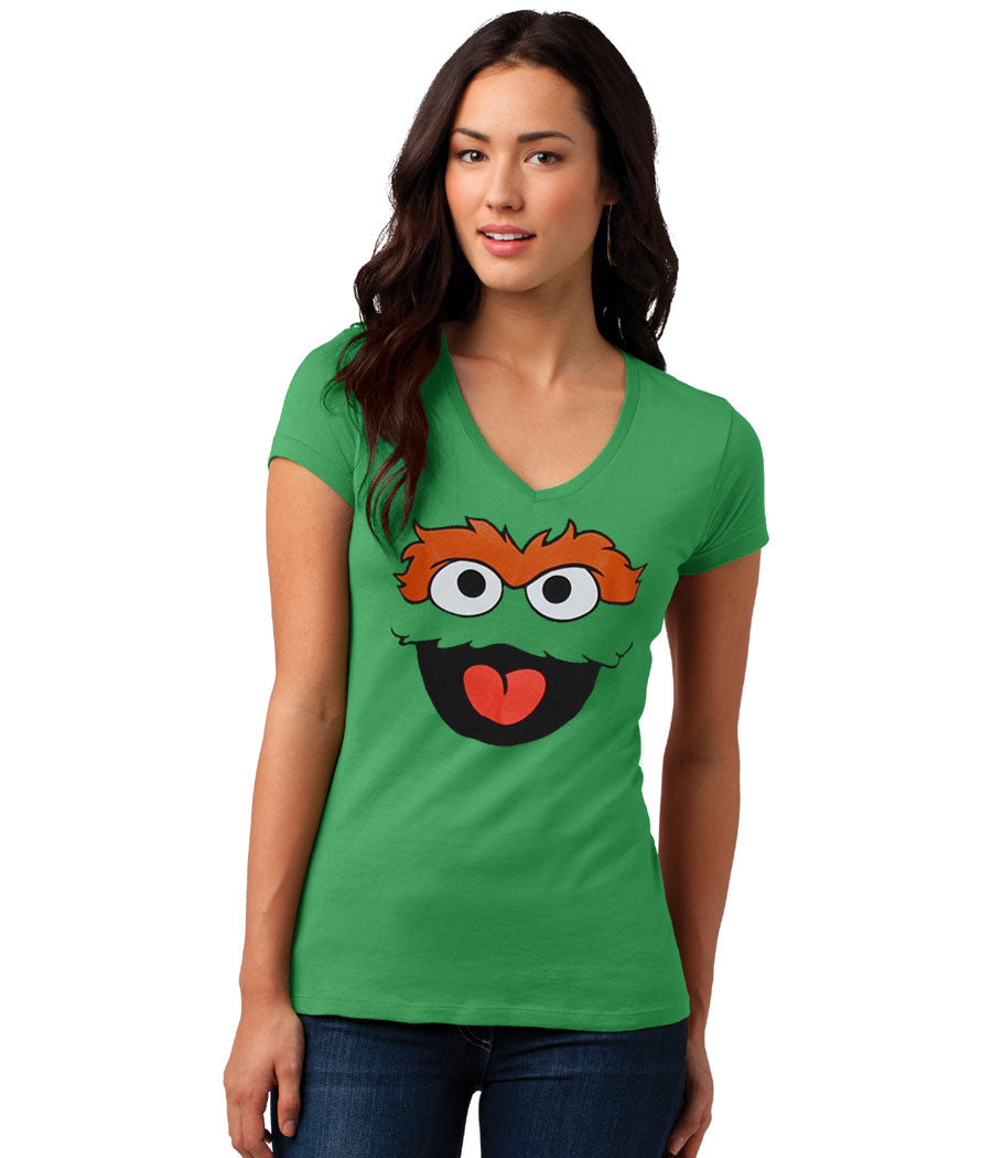 Sesame Street Oscar the Grouch Face Junior Ladies V-Neck T-Shirt
