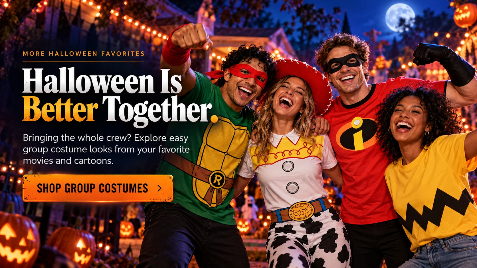 Shop group Halloween costumes inspired by the Ninja Turtles, Toy Story, The Incredibles and Charlie Brown
